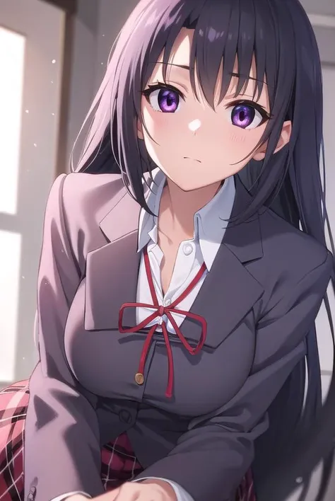 chizuruakaba, <lora:chizuru akaba s2-lora-nochekaiser:1>,
chizuru akaba, long hair, black hair, (purple eyes:1.1),
BREAK skirt, school uniform, plaid, plaid skirt, shirt, white shirt, collared shirt, jacket, long sleeves, black jacket,
BREAK indoors, classroom,
BREAK looking at viewer, (cowboy shot:1.5),
BREAK <lyco:GoodHands-beta2:1>, (masterpiece:1.2), best quality, high resolution, unity 8k wallpaper, (illustration:0.8), (beautiful detailed eyes:1.6), extremely detailed face, perfect lighting, extremely detailed CG, (perfect hands, perfect anatomy),