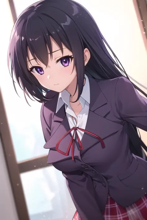 chizuruakaba, <lora:chizuru akaba s2-lora-nochekaiser:1>,
chizuru akaba, long hair, black hair, (purple eyes:1.1),
BREAK skirt, school uniform, plaid, plaid skirt, shirt, white shirt, collared shirt, jacket, long sleeves, black jacket,
BREAK indoors, classroom,
BREAK looking at viewer, (cowboy shot:1.5),
BREAK <lyco:GoodHands-beta2:1>, (masterpiece:1.2), best quality, high resolution, unity 8k wallpaper, (illustration:0.8), (beautiful detailed eyes:1.6), extremely detailed face, perfect lighting, extremely detailed CG, (perfect hands, perfect anatomy),