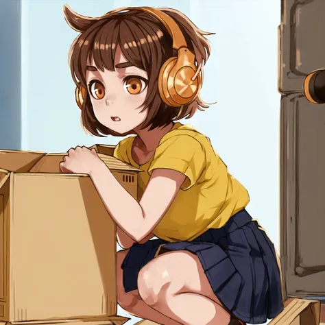 <lora:avas_jun_07-03:1>,
1girl, box, brown hair, cardboard box, earmuffs, female focus, headphones, hug, short hair, skirt, solo, squatting
