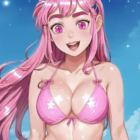 <lora:avas_jun_07-03:1>,
1girl, :d, bare arms, bare shoulders, bikini, blush, breasts, cleavage, collarbone, cowboy shot, hair ornament, hairclip, hip bones, long hair, looking at viewer, medium breasts, navel, open mouth, pink bikini, pink eyes, pink hair, shiny, shiny clothes, shiny hair, smile, solo, standing, star, starry background, string bikini, swimsuit, tareme, thighs, two-tone background, under boob, x hair ornament