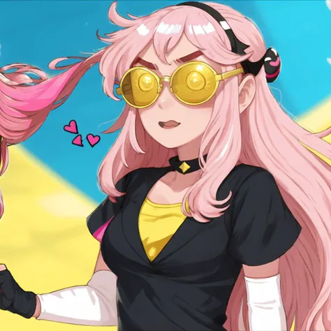 <lora:avas_jun_07-03:1>,
1girl, black nails, blonde hair, character name, english commentary, featherfly, flat chest, gloves, long hair, ms. norman \(pokemon\), multicolored hair, pink gloves, pink hair, serious, simple background, solo, sunglasses, two-tone hair, upper body, yellow background
