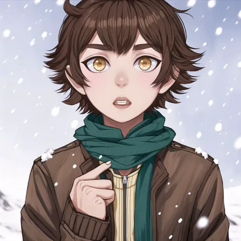<lora:avas_jun_07-03:1>, 

1boy, ahoge, alternate costume, bangs, blurry, blurry background, brown eyes, brown hair, brown jacket, dangan ronpa \(series\), dangan ronpa 2: goodbye despair, evening, foreshortening, hand up, highres, hiiragi \(hiiragi dgrp\), jacket, long sleeves, male focus, open clothes, open jacket, outdoors, parted lips, scarf, short hair, snowing, solo, standing