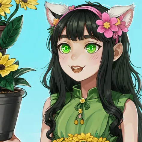 <lora:avas_jun_07-03:1>, 

 monochrome, oekaki, 1girl, :d, animal ear fluff, animal ears, bangs, black hairband, blonde hair, blurry, blurry background, depth of field, dress, flower, flower pot, frilled dress, frills, green dress, green eyes, hairband, holding, long hair, open mouth, pink flower, plant, potted plant, sketch, sleeveless, sleeveless dress, smile, solo, tail, twitter username, wrist cuffs, yellow flower