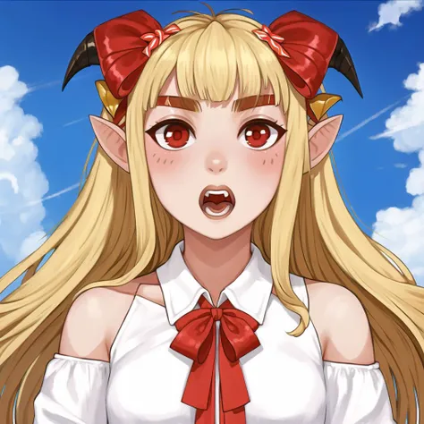 <lora:avas_jun_07-03:1>,
1girl, bangs, bare arms, bare shoulders, blonde hair, blue ribbon, blue sky, blunt bangs, bow, clouds, eyebrows visible through hair, hair bow, highres, horn ornament, horn ribbon, horns, large bow, long hair, long sleeves, looking at viewer, open mouth, red bow, red eyes, ribbon, shirt, sky, solo, upper body, upper teeth, watermelon slice, white shirt