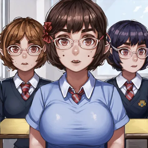 <lora:avas_jun_07-03:1>,
2boys, 4girls, breasts, desk, faceless, faceless female, glance, glasses, hair ornament, hairpin, large breasts, looking at viewer, mole, mole under mouth, multiple boys, multiple girls, school, school desk, school uniform, short hair