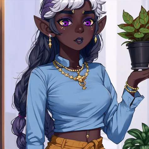 <lora:avas_jun_07-03:1>,
artist name, artstation logo, artstation username, blue shirt, blurry, blurry background, bottomless, braid, clothes lift, dark-skinned female, dark skin, depth of field, earrings, finger to mouth, hands up, index finger raised, indoors, jewelry, legs apart, lifted by self, lips, long hair, long sleeves, looking at viewer, navel, navel piercing, nose, patreon logo, patreon username, piercing, plant, pointy ears, potted plant, purple eyes, pussy, pussy juice, shirt, shirt lift, standing, twitter logo, twitter username, uncensored, white hair