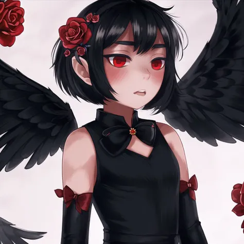 <lora:avas_jun_07-03:1>,
1girl, asymmetrical wings, black hair, bow, dress, female focus, flower, red eyes, rose, solo, wings