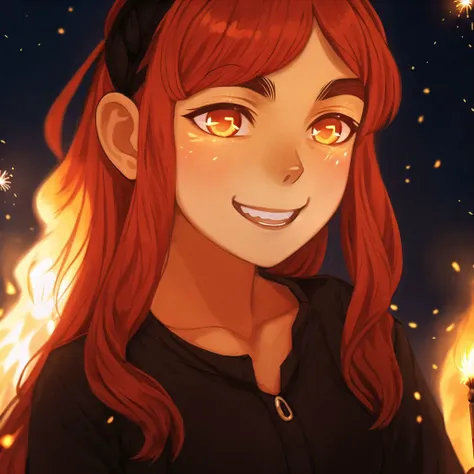 <lora:avas_jun_07-03:1>,
above waist portrait beautiful cute anime young woman, Fiery firework ignites black background, sending flickering aesthetic firefly ashes towards viewer, happy smile