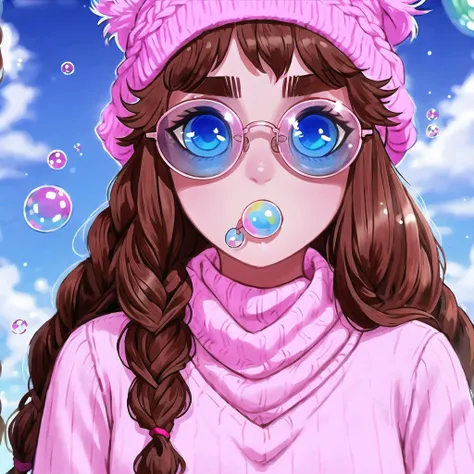<lora:avas_jun_07-03:1>, 

1girl, blue eyes, braid, brown hair, brown sweater, bubble blowing, chewing gum, day, denim, eyebrows visible through hair, glasses, hat, highres, jeans, jung wonjo, long hair, long sleeves, looking at viewer, outdoors, pants, pink-framed eyewear, pink headwear, rectangular eyewear, solo, sweater, twin braids