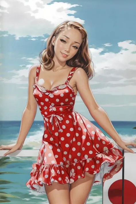 photo of r3mylacroix, pinup, frush, modelshoot style, polka dot sundress, red and white dress, medium breasts, (cleavage:0.7), thick build, wide hips, <lora:add_detail:1> <lora:colorize:0.3> <lora:pearlfrush:1>