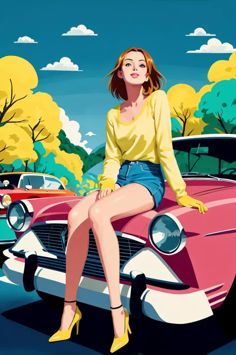 Masterpiece, best quality, beautiful girl sitting on car in sunny street ((colorful)) rainbow world, people, cars, red, blue, green, yellow, <lora:Fllustration_v1.0:0.8> Fllustration, flat, vector  <lora:pearlfrush:0.8> frush