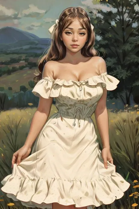 photo of s0phierain-120, pinup, modelshoot style, polka dot sundress, off shoulder, medium breasts, (cleavage:0.7), 1960s \(style\), (retro art:1.3), thick build, wide hips, meadow with flowers, <lora:add_detail:1> <lora:colorize:0.3> <lora:pearlfrush:1>