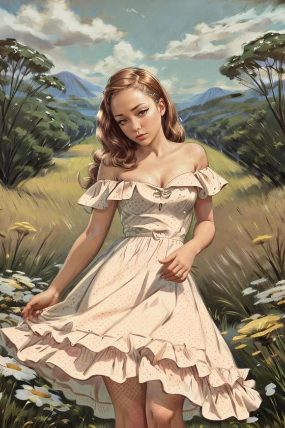 photo of r3mylacroix, pinup, modelshoot style, polka dot sundress, off shoulder, medium breasts, (cleavage:0.7), 1960s \(style\), (retro art:1.1), gil elvgren, thick build, wide hips, meadow with flowers, <lora:add_detail:1> <lora:colorize:0.3> <lora:pearlfrush:1>