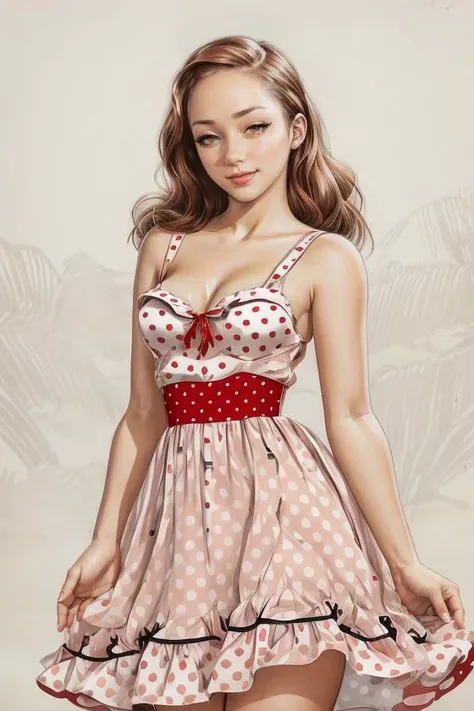 photo of r3mylacroix, pinup, frush, modelshoot style, polka dot sundress, red and white dress, medium breasts, (cleavage:0.7), thick build, wide hips, <lora:add_detail:1> <lora:colorize:0.3> <lora:pearlfrush:1>