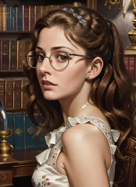 (masterpiece, best quality:1.15), 1girl, solo, medium breasts, copper eyes, looking to the side, standing, stretching, hand up, cocktail dress, medium hair, curly cut, hair ornament, day, inviting, welcoming, indoors, reading nook, armchair, lamp, bookshelf, side table, cozy blanket, hot cocoa, tea, reading glasses, novel, angry, small forehead, wide eyes, small nose