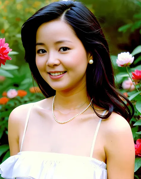 masterpiece, best quality, ultra high res, 1girl, (photorealistic:1.5), natural lighting, perfect artwork, portrait, beautiful, detailed puffy eyes, young, detailed eyes, curly hair, light brown hair, cute, adorable, streaked hair, (aegyo sal:1), enchanting smile, necklace, full body, kpop idol, teen, Chinese, 25 years old, nature, blush, red peony flower garden, orange (peony) flowers, blossom, flower hair ornament, grass, white dress, <lora:deng_20230611232731:0.8>,1990s \(style\),