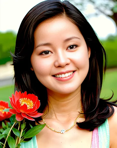 masterpiece, best quality, ultra high res, 1girl, (photorealistic:1.5), natural lighting, perfect artwork, portrait, beautiful, detailed puffy eyes, young, detailed eyes, curly hair, light brown hair, cute, adorable, streaked hair, (aegyo sal:1), enchanting smile, necklace, full body, kpop idol, teen, Chinese, 25 years old, nature, blush, red peony flower garden, orange (peony) flowers, blossom, flower hair ornament, grass, white dress, <lora:deng_20230611232731:0.8>,1990s \(style\),