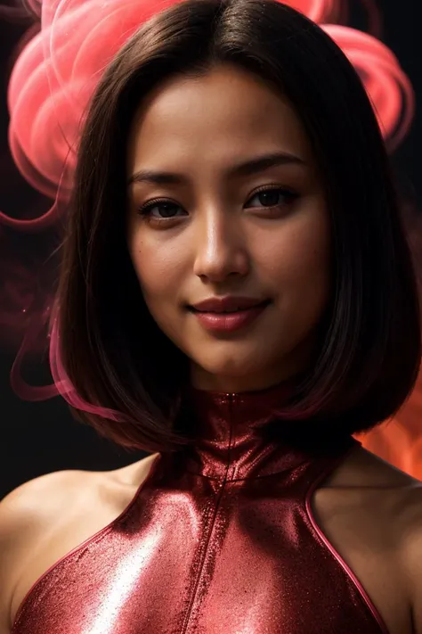 (Facial Close Up Short, Portrait:1.3) Asian Tower13_Dominique (skinny, slim, slender, narrow waist:1.3) ((Photo Focus, DOF, Aperture, insanely detailed and intricate, character, hypermaximalist, hyper realistic, super detailed, (lens flare))) (Red Spandex Dress:1.3) (Red and Black liquid backdrop:1.3) (smile:1.3) <lora:exposure_control_v10:-0.2> <lora:more_details:0.3>(Volumetric Pink Smoke:1.4)(Fire:1.3)