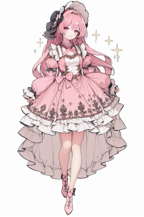 solo, 1girl, dress, long hair, white background, bonnet, smile, full body, simple background, pink theme, long sleeves, bow, pink eyes, pink bow, looking at viewer, frills, puffy sleeves, pink hair, bangs, pink footwear, pink dress, sparkle, ribbon, closed mouth