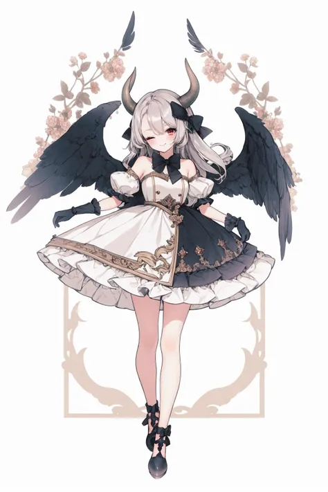 multiple girls, 2girls, wings, horns, blonde hair, long hair, dress, white background, bow, black bow, short sleeves, puffy short sleeves, puffy sleeves, smile, skirt, one eye closed, red eyes, detached sleeves, hair bow, bangs, white dress, white gloves, black wings, black footwear, shoes, very long hair, feathered wings, looking at viewer, wrist cuffs, red shirt, gloves, bare shoulders, blush, grey hair, white wings, frills, full body, short hair, parted bangs, closed mouth, simple background, white skirt, standing