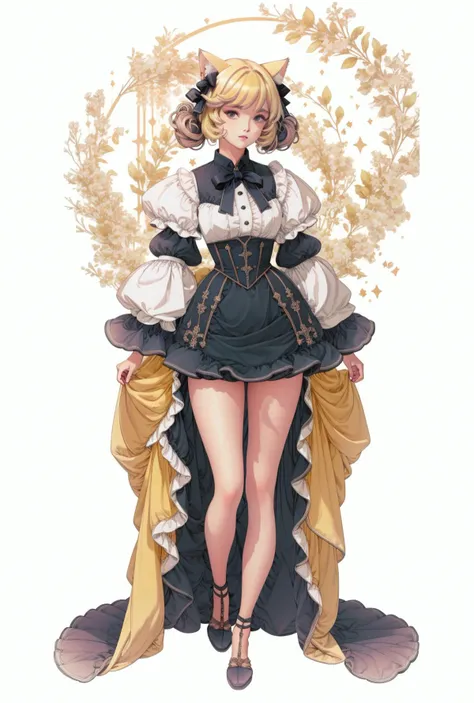1girl, solo, dress, pink hair, high heels, thighhighs, breasts, long hair, cleavage, yellow dress, yellow eyes, full body, smile, flower, frills, white thighhighs, white background, hat, white footwear, looking at viewer, simple background, short sleeves, bangs, hat flower