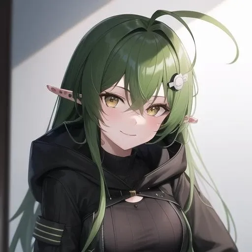 masterpiece,best quality,absurdres,highres,1girl,solo,upper body,(portrait:1.2),crocodilian_tail,green_socks,high_heels,green_hair,long_hair,high_heel_boots,pointy_ears,black_footwear,smile,black_dress,looking_at_viewer,hood_down,antenna_hair,detached_sleeves,hair_ornament,yellow_eyes,hair_between_eyes,ribbed_legwear,bangs,black_gloves,pouch,hooded_jacket,ankle_boots,d-pad_hair_ornament,<lora:Gavial(ark)>,