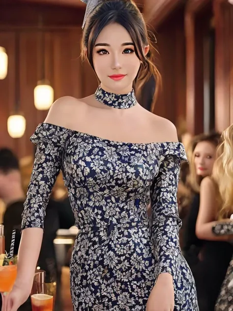 masterpiece, best quality, an exceptional face, 1girl, high ponytail, wearing a dress, at a cocktail party, cowboy shot, close shot, photorealisitc, 8k