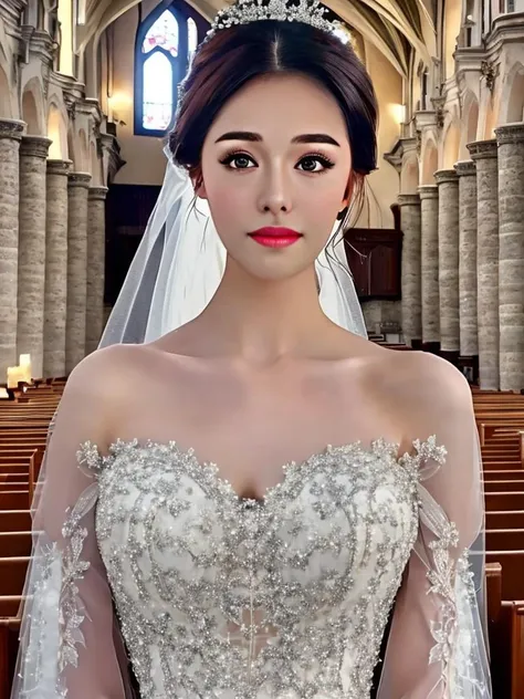 masterpiece, best quality, a perfect face, 1girl, high ponytail, wearing a wedding dress, at a Romanesque church, photorealistic, 8k