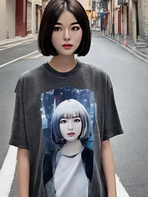 masterpiece, best quality, an exceptional face, 1girl, bob cut, wearing a T-shirt, at a street, close shot, cowboy shot, photorealisitc, 8k