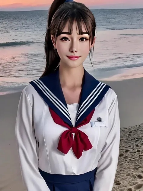 masterpiece, best quality, an exceptional face, 1girl, high ponytail, wearing a sailor school uniform, at a beach in the evening, cowboy shot, close shot, photorealisitc, 8k