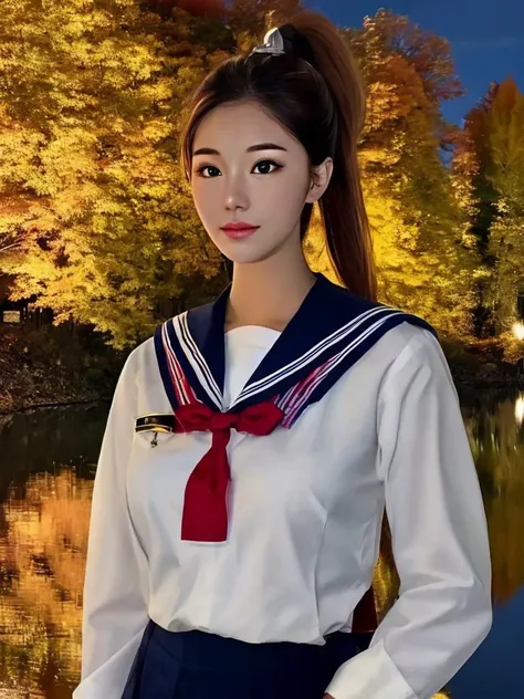 masterpiece, best quality, an exceptional face, 1girl, high ponytail, wearing a sailor school uniform, deep inside an autumn forest at night, standing by a beautyful lake, under the moonlight, realistic, photorealisitc, close shot, 8k, taken by a nikon camera