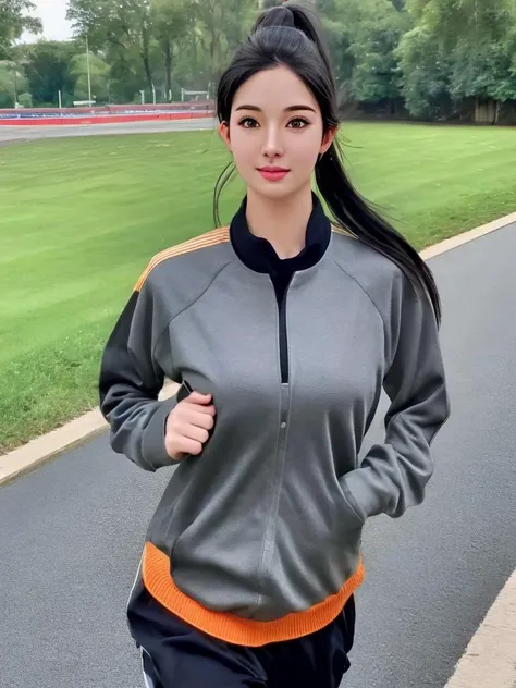 masterpiece, best quality, a perfect face, 1girl, high ponytail, black hair, looking at viewer, wearing a casual jersey, jogging at a park road, realistic, photorealisitc, close shot, 8k, taken by a nikon camera