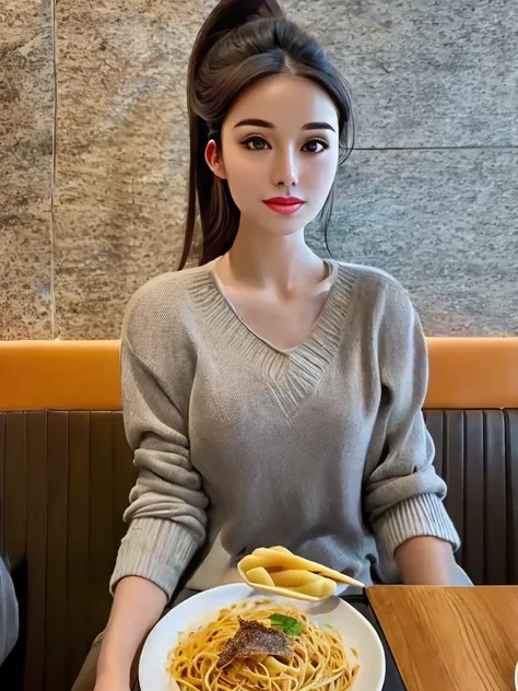 masterpiece, best quality, an exceptional face, 1girl, high ponytail, wearing a casual outfit, inside a restaurant, sitting in front of a plate of pasta, realistic, photorealisitc, close shot, 8k, taken by a nikon camera