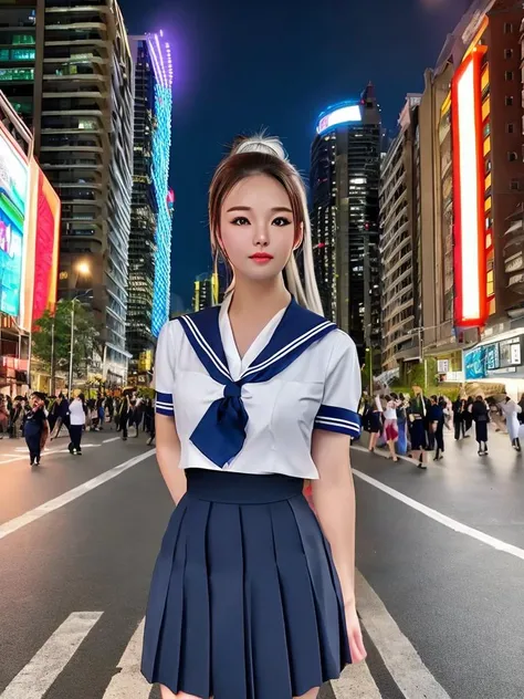 masterpiece, best quality, an exceptional face, 1girl, high ponytail, wearing a sailor school uniform, at a city at night, neon lights flashing, photorealisitc, 8k, taken by a nikon camera
