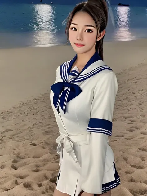 masterpiece, best quality, an exceptional face, 1girl, high ponytail, wearing a sailor school uniform, at a beach in the evening, cowboy shot, close shot, photorealisitc, 8k