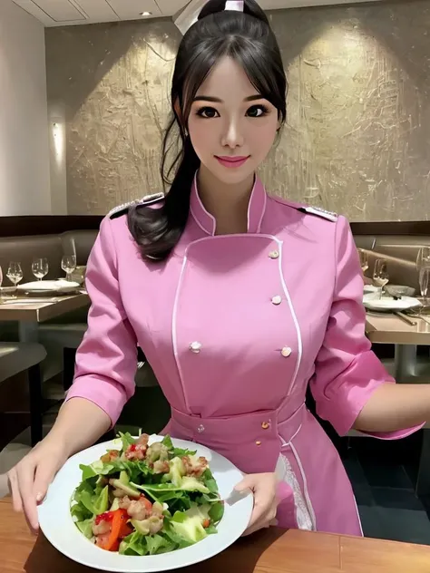 masterpiece, best quality, an exceptional face, 1girl, high ponytail, wearing a pink uniform, inside a restaurant, serving a plate of salad as a waitress, realistic, photorealisitc, close shot, 8k, taken by a nikon camera