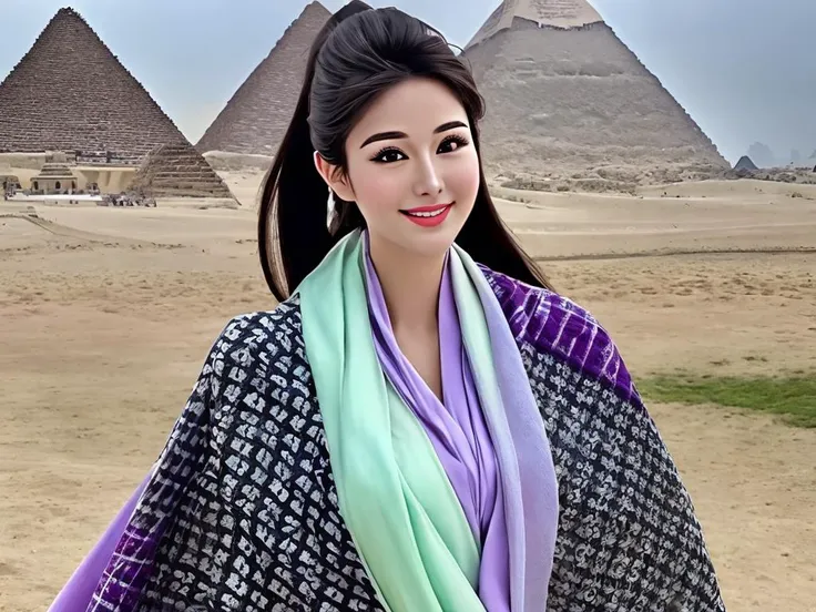 masterpiece, best quality, a perfect face, an exceptional face, 1girl, high ponytail, wearing a gorgeous pastel colored tunic and a beautiful shawl, nearby the pyramid, smiling, realistic, photorealisitc, close shot, 8k, taken by a nikon camera