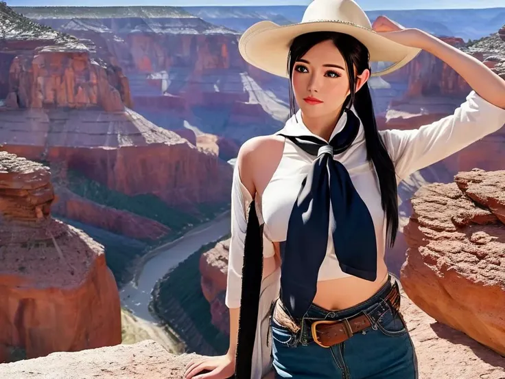 masterpiece, best quality, a perfect face, 1girl, high ponytail, black hair, wearing a Western wear with a neckerchief and a cowboy hat, at the grand canyon, realistic, photorealisitc, close shot, 8k, taken by a nikon camera