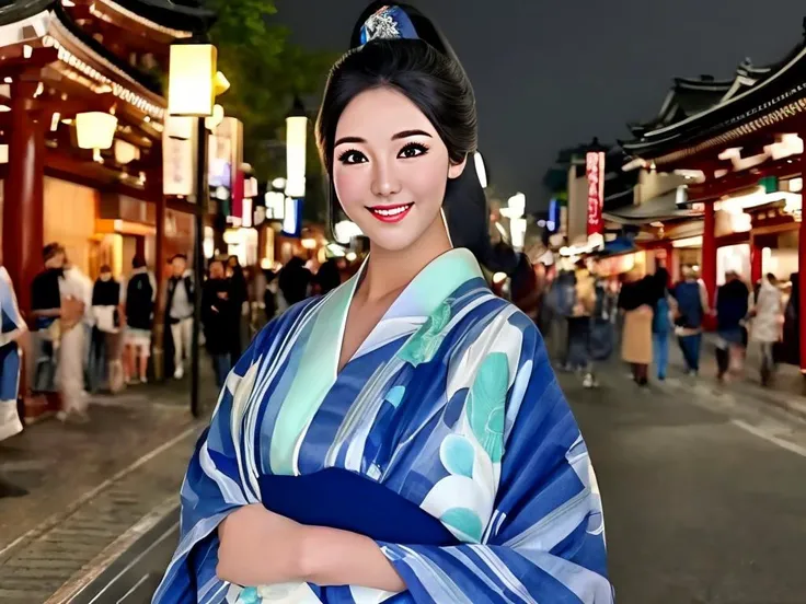 masterpiece, best quality, a perfect face, 1girl, high ponytail, black hair, wearing a blue yukata, at night in Asakusa, smiling, realistic, photorealisitc, close shot, 8k, taken by a nikon camera