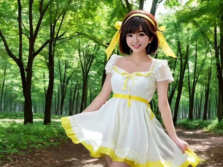masterpiece, best quality, a perfect face, a kawaii face, 1girl, Haruhi Suzumiya, wearing a white sundress, bob cut, yellow headband with a ribbon on both sides, looking at viewer, smiling, in a park with forest on a sunny day, realistic, photorealisitc, close shot, cowboy shot, 8k, taken by a nikon camera