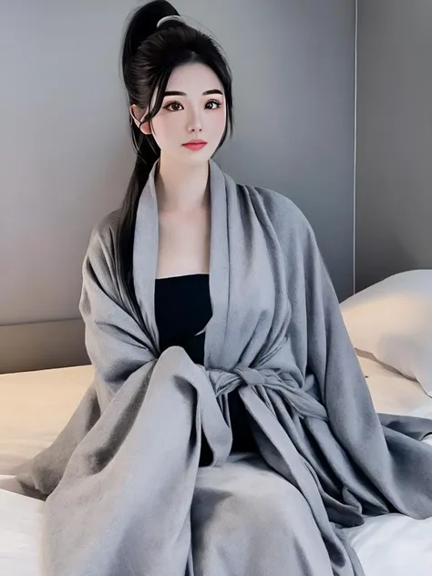 masterpiece, best quality, a perfect face, 1girl, high ponytail, black hair, wearing a robe, sitting on a bed at night, dark room, realistic, photorealisitc, close shot, 8k, taken by a nikon camera, gradient filter