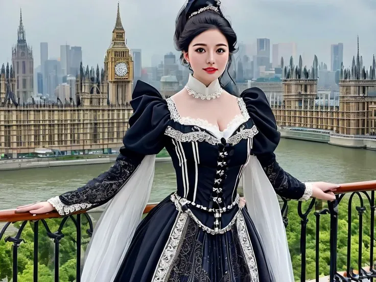 masterpiece, best quality, a perfect face, 1girl, high ponytail, black hair, wearing a Victorian Style dress, looking at viewer, nearby the Big Ben, realistic, photorealisitc, close shot, 8k, taken by a nikon camera