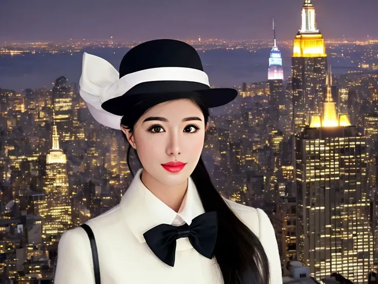 masterpiece, best quality, a perfect face, 1girl, high ponytail, black hair, wearing a white fedora and a black bow tie, looking at viewer, nightscape of NYC near the Empire State building, realistic, photorealisitc, close shot, 8k, taken by a nikon camera