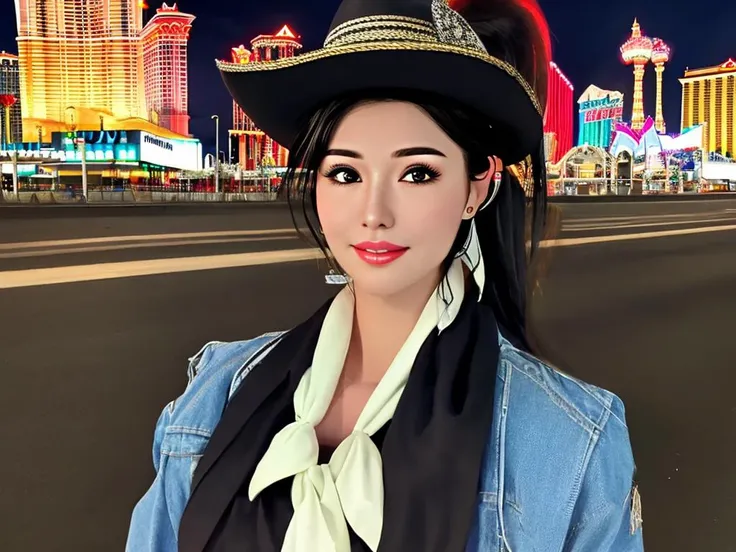 masterpiece, best quality, a perfect face, 1girl, high ponytail, black hair, wearing a Western wear with a neckerchief and a cowboy hat, nightscape of Las Vegas, realistic, photorealisitc, close shot, 8k, taken by a nikon camera