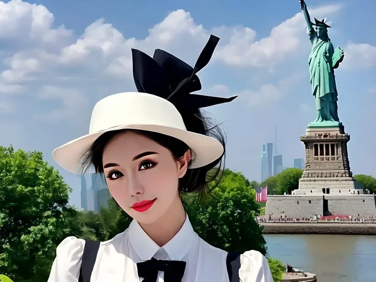 masterpiece, best quality, a perfect face, 1girl, high ponytail, black hair, wearing a white fedora and a black bow tie, looking at viewer, nearby the statue of Liberty on a sunny day, realistic, photorealisitc, close shot, 8k, taken by a nikon camera