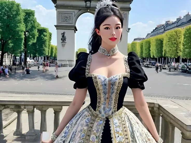 masterpiece, best quality, a perfect face, 1girl, high ponytail, black hair, wearing a rococo style dress, looking at viewer, at the Triumphal arch in Paris on a sunny day, realistic, photorealisitc, close shot, 8k, taken by a nikon camera