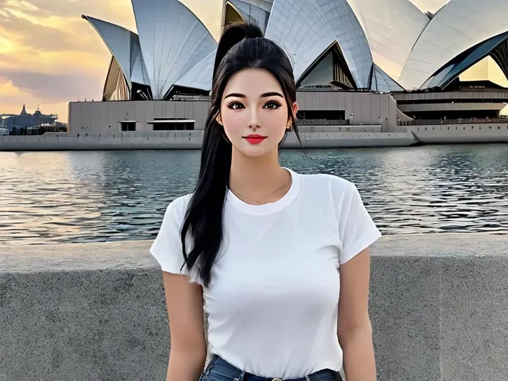 masterpiece, best quality, a perfect face, 1girl, high ponytail, black hair, wearing a casual jeans and a white t-shirt, nearby the opera house, realistic, photorealisitc, close shot, 8k, taken by a nikon camera