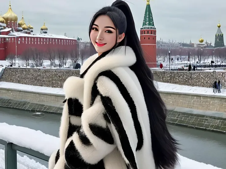 masterpiece, best quality, a perfect face, 1girl, high ponytail, black hair, wearing a furry coat, nearby the kremlin, smiling, realistic, photorealisitc, close shot, 8k, taken by a nikon camera