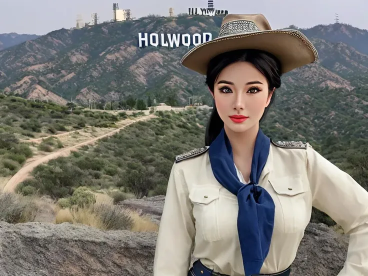 masterpiece, best quality, a perfect face, 1girl, high ponytail, black hair, wearing a Western wear with a neckerchief and a cowboy hat, in front of the Hollywood sign, realistic, photorealisitc, close shot, 8k, taken by a nikon camera