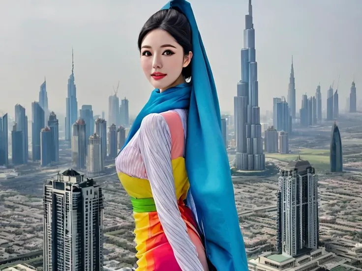 masterpiece, best quality, a perfect face, 1girl, high ponytail, black hair, wearing a colorful hijab dress, looking at viewer, at Burj Khalifa, realistic, photorealisitc, close shot, 8k, taken by a nikon camera